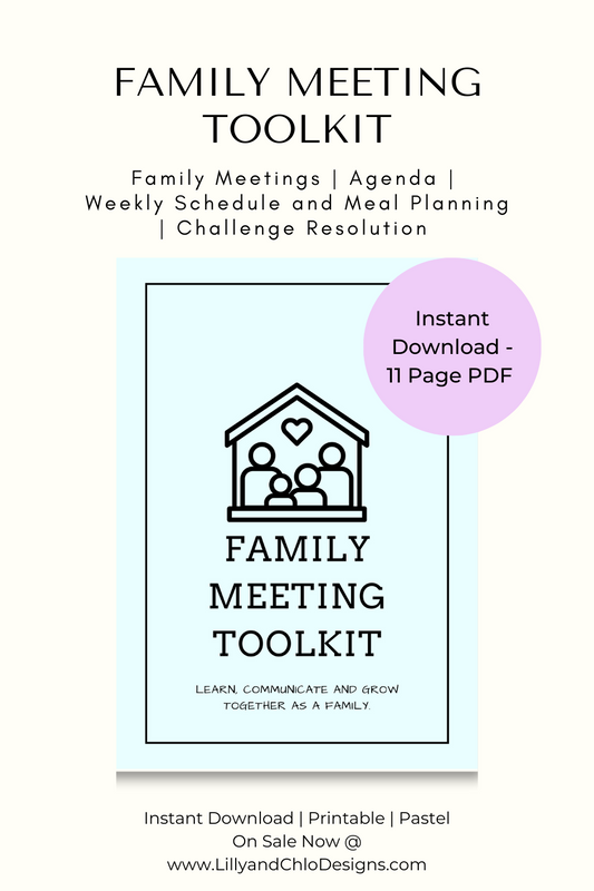 Family meeting toolkit cover page in teal with a cream background outlining contents including meeting agenda, weekly schedule and meal planner, challenge resolution. Learn, communicate and grow together as a family. Instant download, printable.